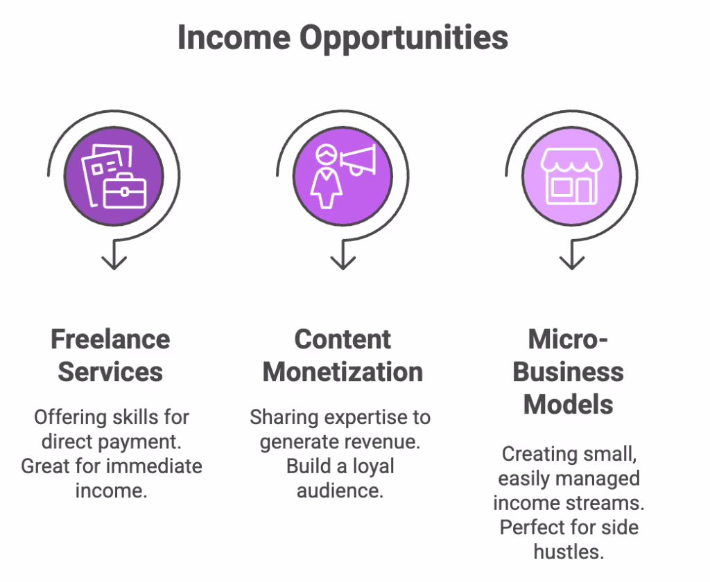 Illustration of three income streams for Salesforce Admins—Freelance Services, Content Monetization, and Micro-Business Models.
