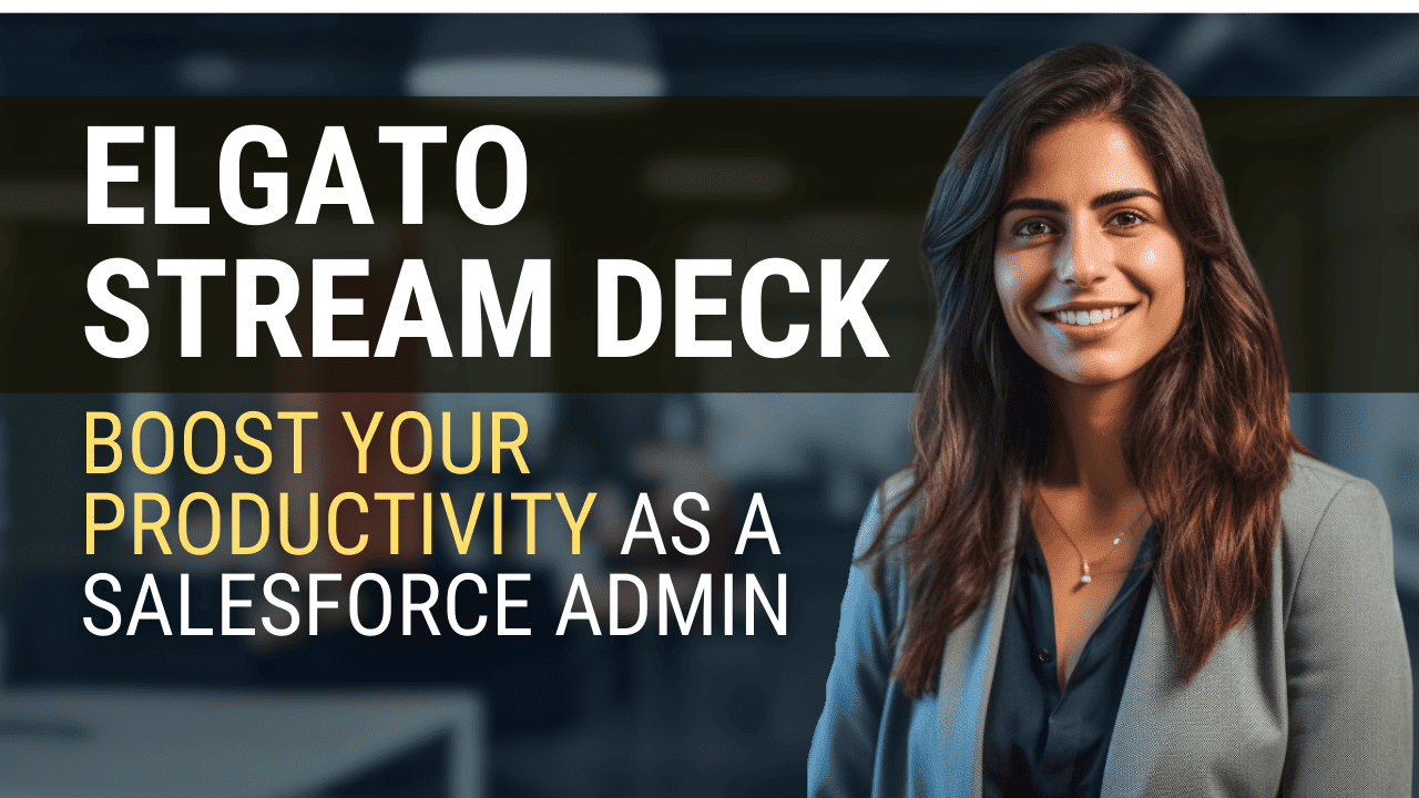 Smiling Salesforce expert in an office, using Elgato Stream Deck to juggle tasks with ease.